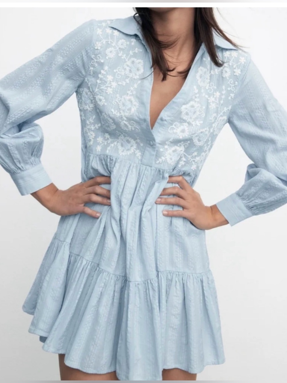 Zara Light Blue Embroidered Tiered Mini Dress